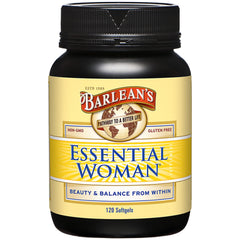 Barlean's Essential Woman bottle shows the omega blend for daily balance.