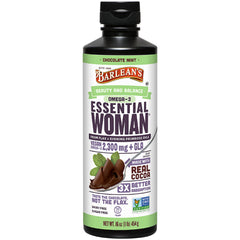 Barlean's Essential Woman chocolate mint bottle pour — convenient daily use for potential hormonal balance support.
