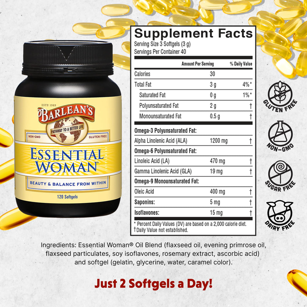 Close-up of Barlean's Essential Woman softgels for easy daily supplementation.