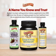 Barlean's Essential Woman soy isoflavones closeup — plant-based isoflavones for a balanced lifestyle.