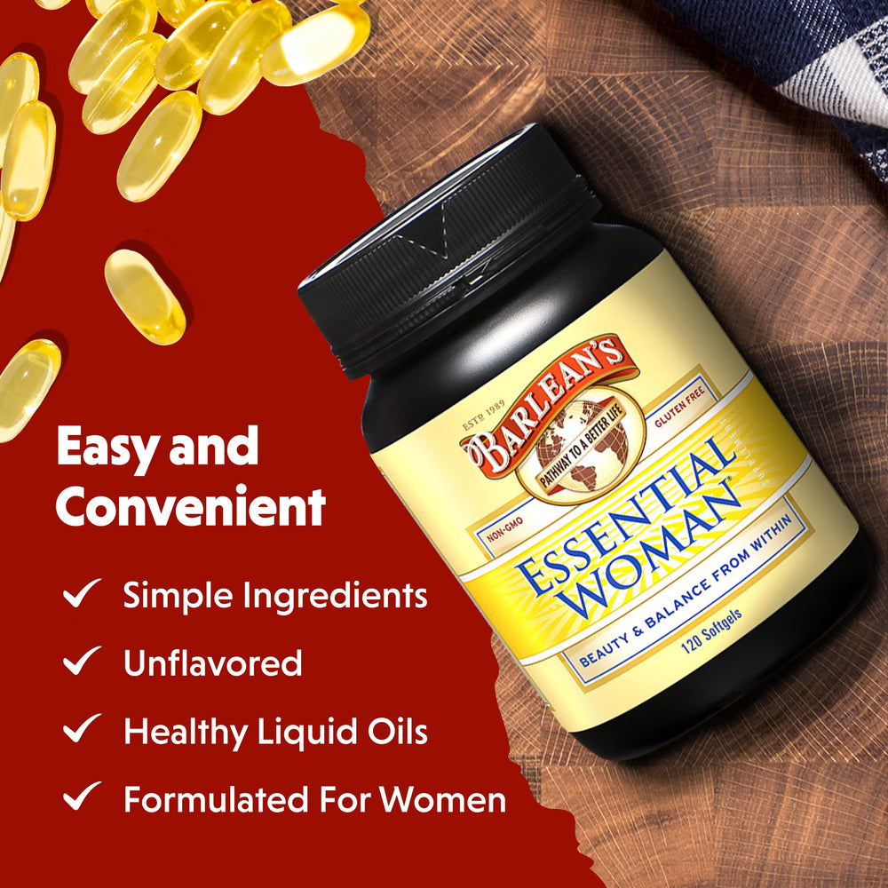 Barlean's Essential Woman softgels used by a woman on the go.
