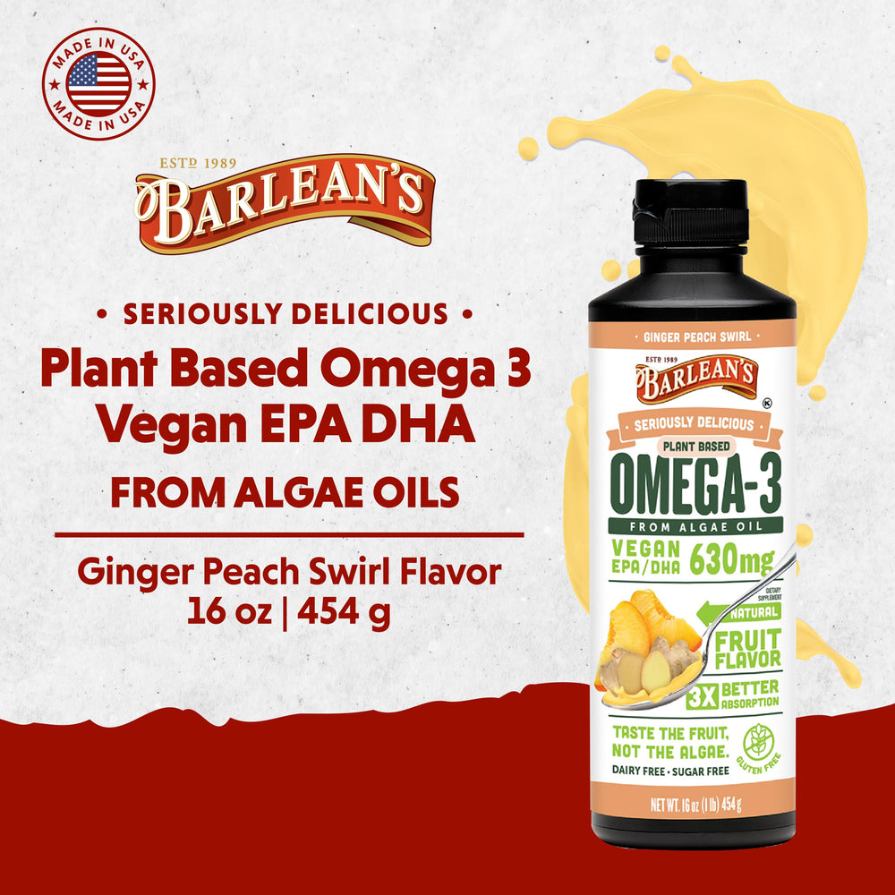 Barlean's product label close-up highlighting non-GMO, gluten-free, and 630 mg EPA/DHA per serving.