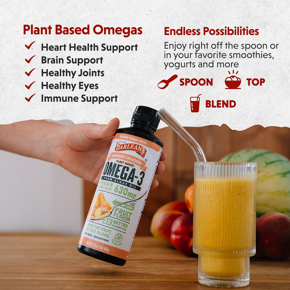 Barlean's Ginger Peach oil on a spoon shows convenient daily tablespoon use.