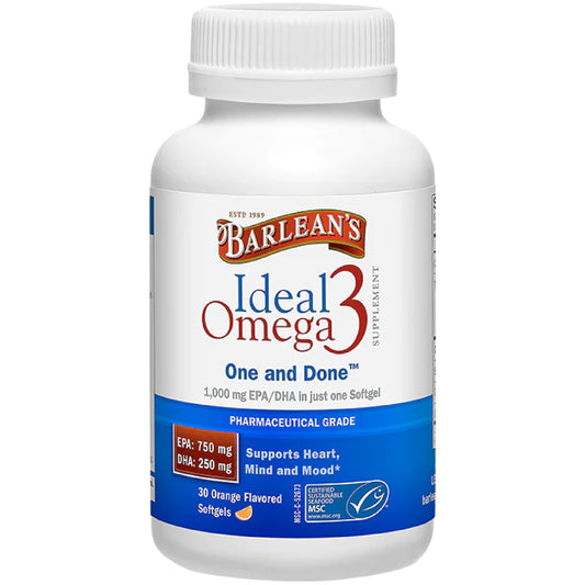 Barlean's Ideal Omega-3 Softgels bottle, a convenient daily EPA/DHA source for heart support.