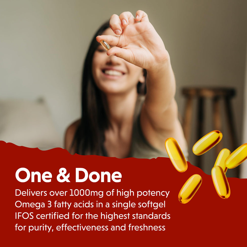 Barlean's Ideal Omega-3 Softgels capsules close-up highlights 1,000 mg omega-3 potency.