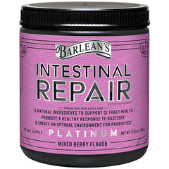 Barlean's Intestinal Repair powder tub with berry flavor for daily gut support.