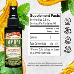 Barlean's Olive Leaf Complex Throat Spray adult-use application on bottle.