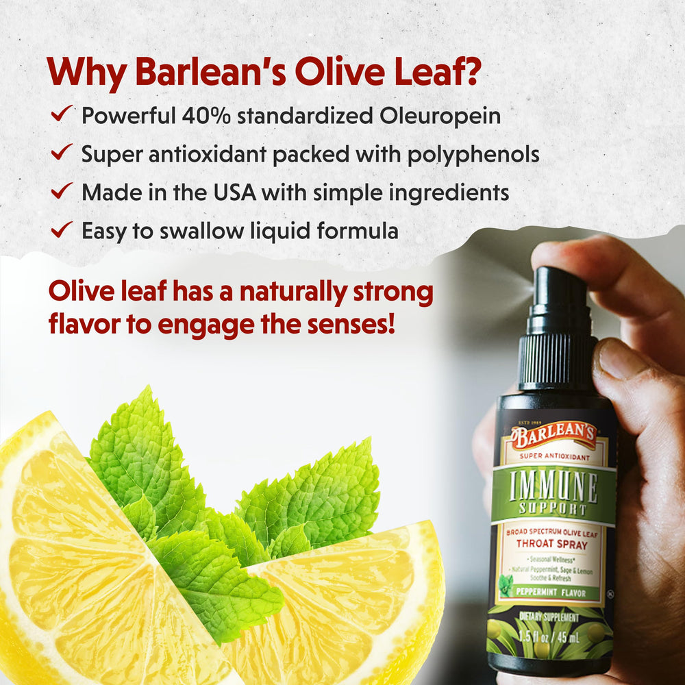 Barlean's Olive Leaf Complex Throat Spray dropper dispensing into the throat for soothing relief.