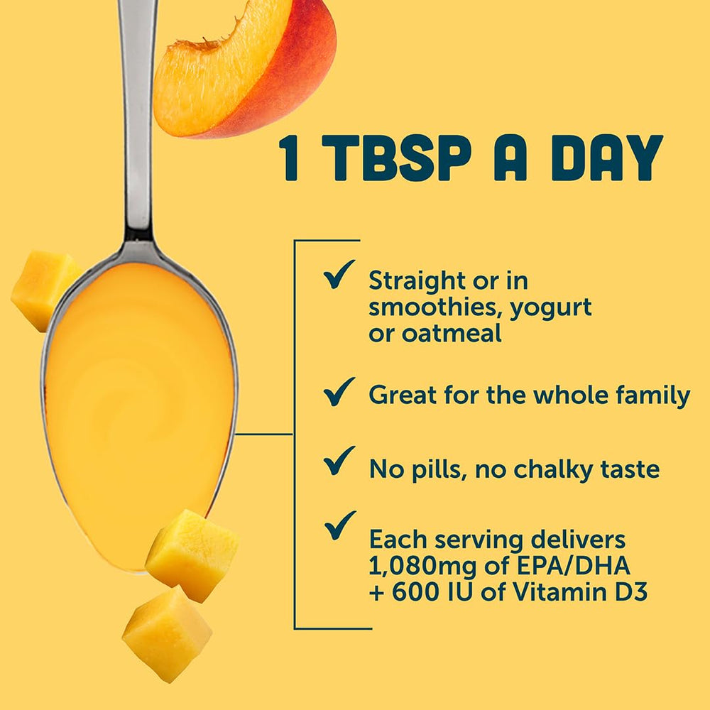 One tablespoon daily Barlean's Omega-3 served on spoon for easy dosing