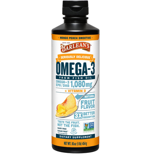Barlean's Omega-3 fish oil liquid bottle mango peach with burp-free profile