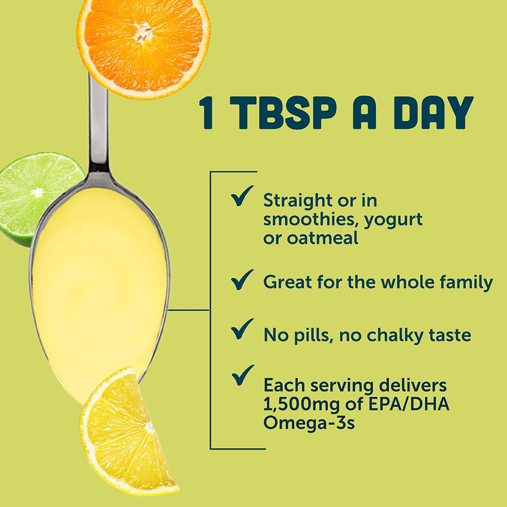 Nutrition label on Barlean's Omega 3 Citrus Sorbet bottle highlighting EPA/DHA content.