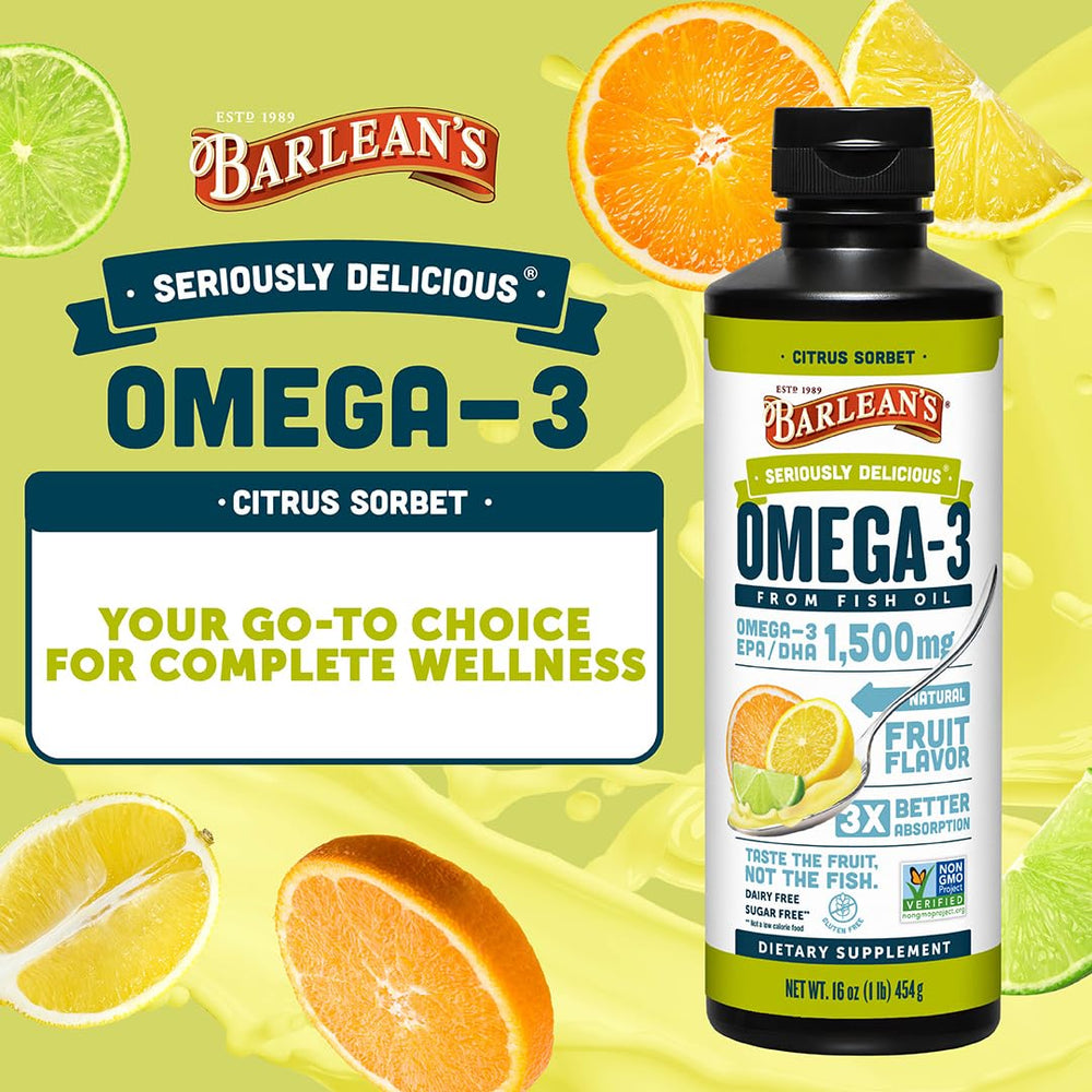 Pouring Barlean's Omega 3 Citrus Sorbet into yogurt looks creamy and fruity.