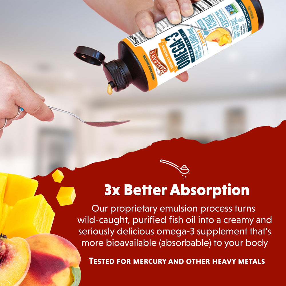 Non-GMO Barlean's Omega-3 bottle labeled dairy-free and sugar-free.