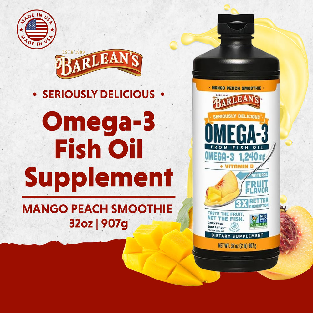 Pouring Barlean's Mango Peach Omega-3 into yogurt for flavor.