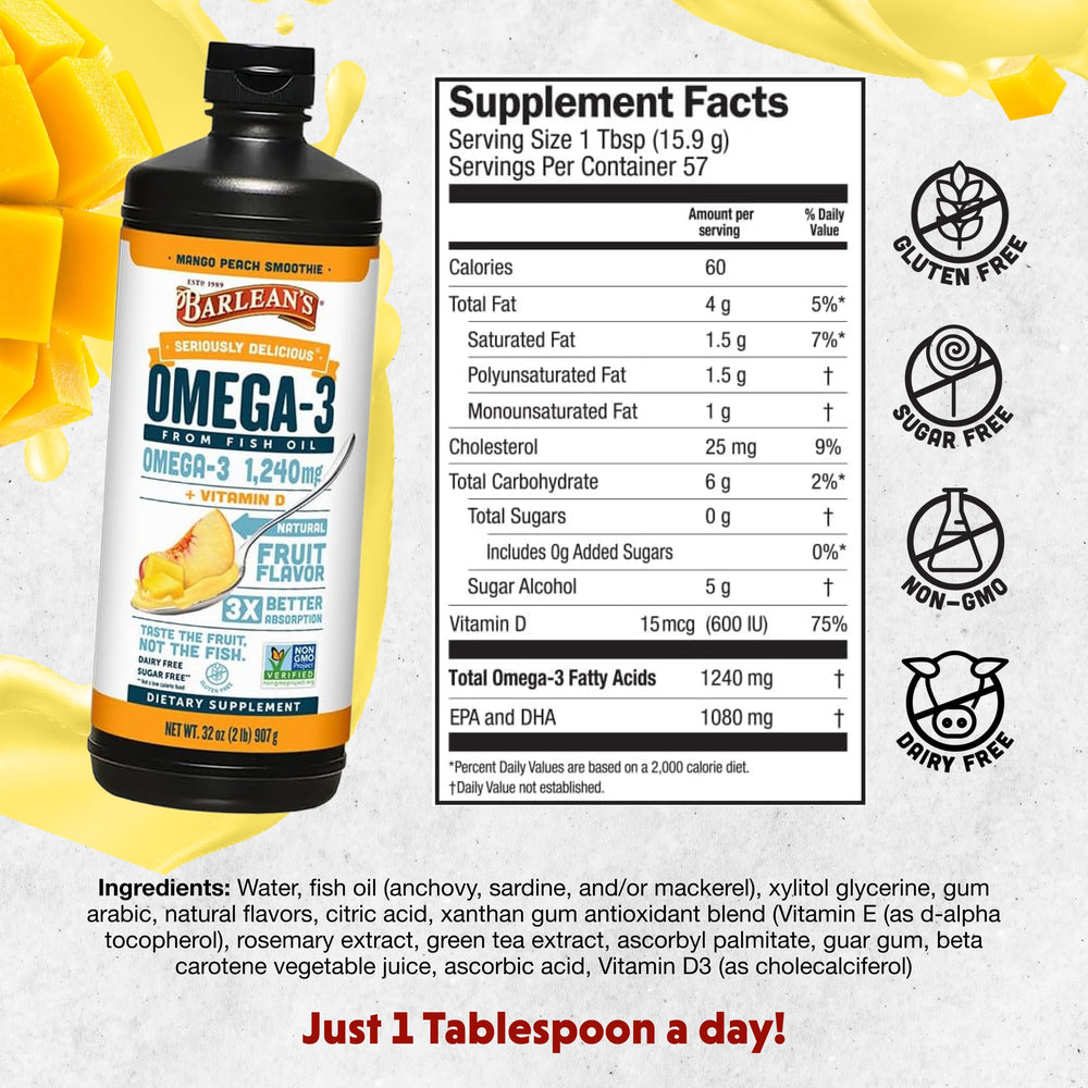 Barlean's Omega-3 Mango Peach on a spoon for easy dosing.