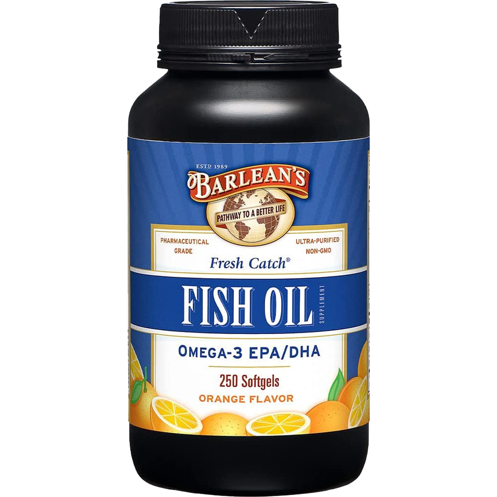 Barlean's Omega-3 softgels orange bottle for heart and brain wellness.