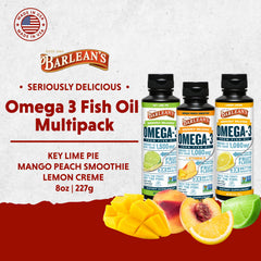 Barlean's Omega-3 liquid bottle Mango Peach flavor supports everyday wellness.