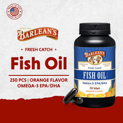 Barlean's orange-flavored fish oil softgels shown in closeup for easy dosing.