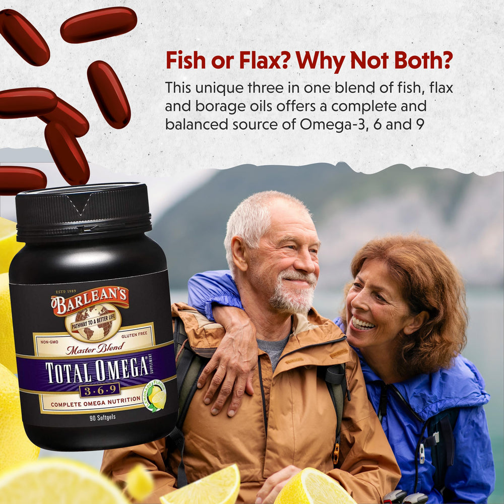 Barlean's Omega Master Blend capsule highlights EPA and DHA for heart support.