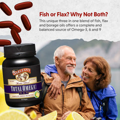 Barlean's Omega Master Blend capsule highlights EPA and DHA for heart support.