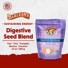 Close-up of Barlean's seed blend ingredients: chia, flax, coconut, quinoa and pumpkin