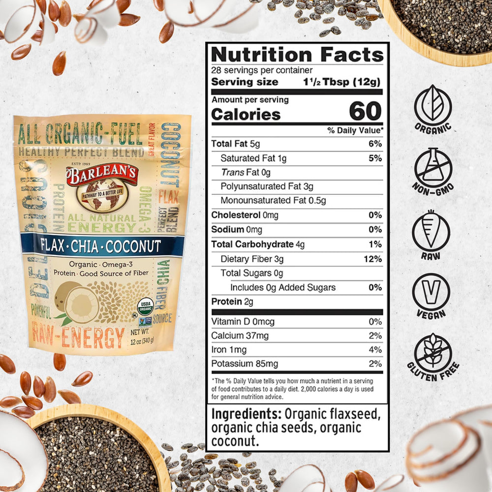 Barlean's flax chia coconut blend scoop over oatmeal for added fiber