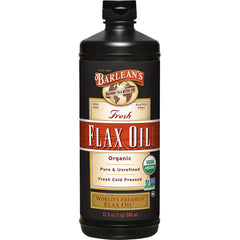 Barlean's Organic Flaxseed Oil bottle being poured for a omega-3 boost