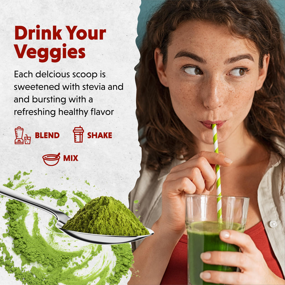 Barlean's Organic Greens container with glass, highlighting probiotic blend and fiber.