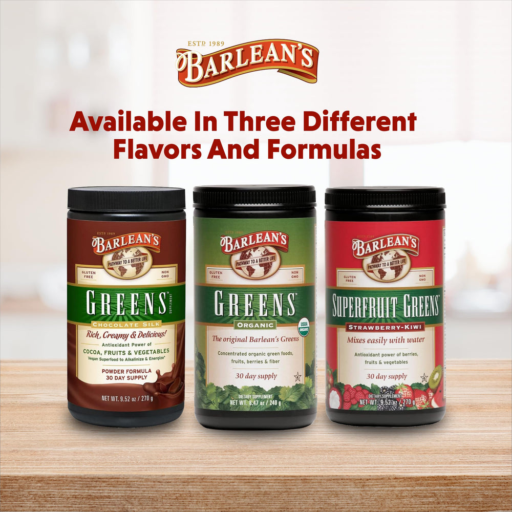 Barlean's Organic Greens powder shown with a family morning smoothie ritual.