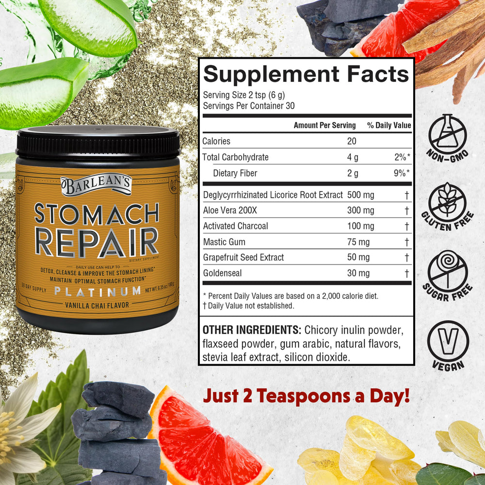 Barlean's Stomach Repair scoop dispensing powder into water for daily detox and digestion support