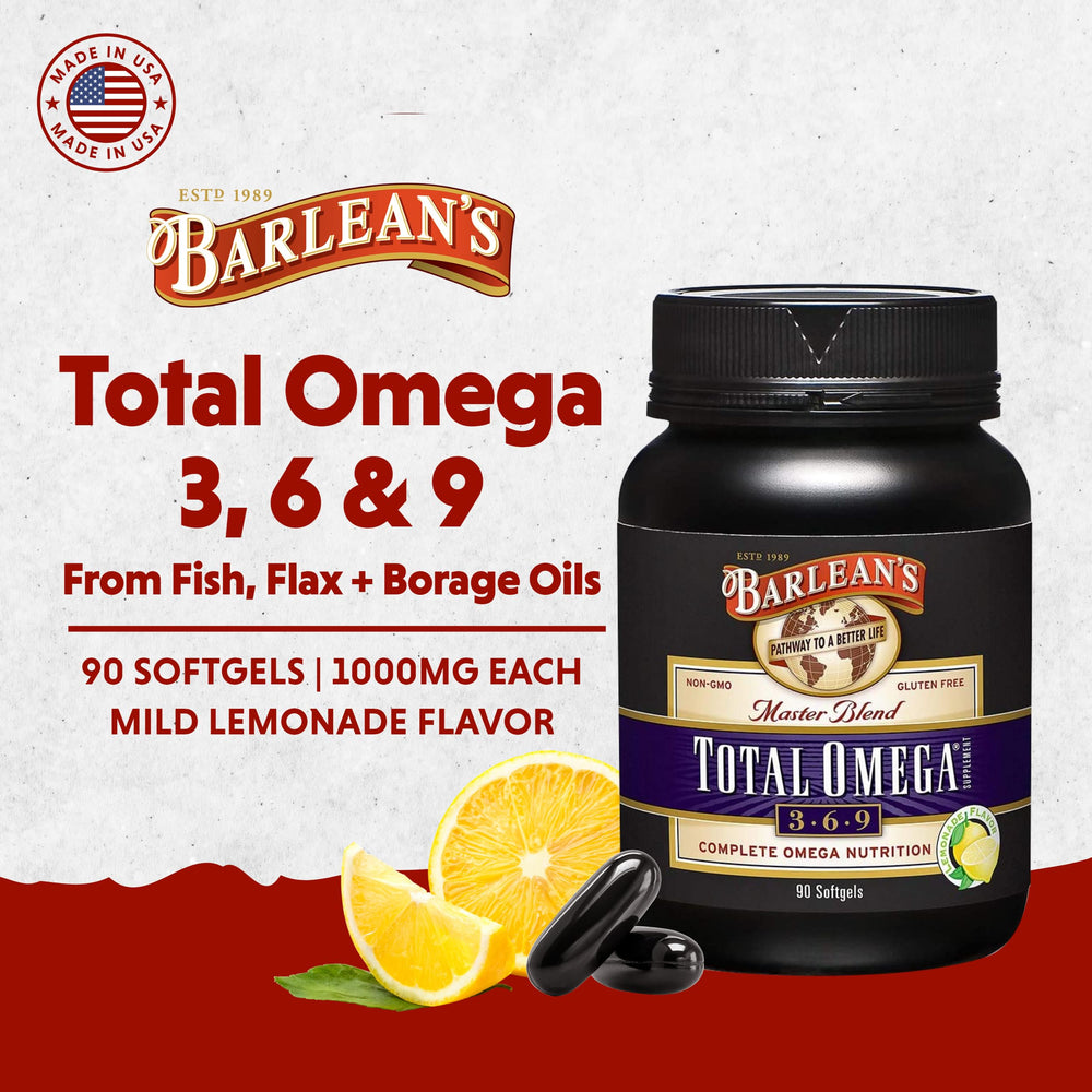 Barlean's Total Omega 3 6 9 lemon-flavored softgels close-up offers easy daily supplementation.