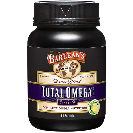 Barlean's Total Omega 3 6 9 softgels bottle supports balanced omega intake.