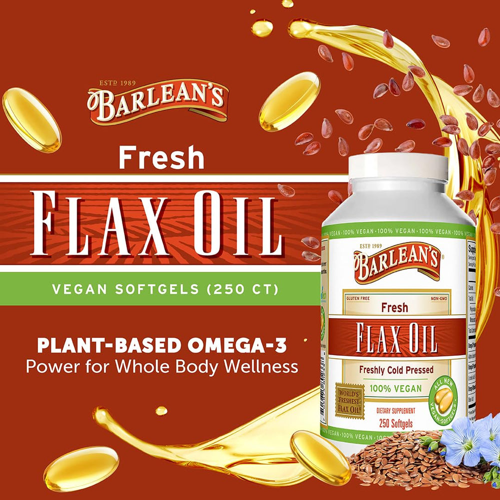 Close-up of Barlean's flaxseed oil softgels; easy-to-swallow daily capsules