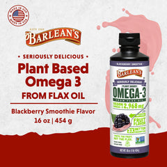 Barlean's vegan omega-3-6-9 pour demonstrating emulsified oil for smoother mixing.