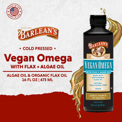 Close-up of Barlean's flaxseed and algae oil ingredients.
