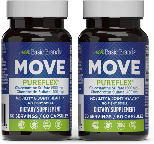 Basic Brands Move Pureflex glucosamine bottle highlighting joint support formula.