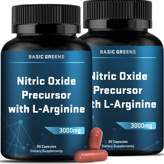 Basic Greens L-Arginine 3000mg bottle showing vegan formula for daily nitric oxide support
