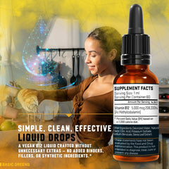 BASIC GREENS cherry-flavor B12 drops deliver easy tasting energy support