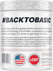 BASIC SUPPLEMENTS BCAA Powder mixed in glass shows smooth hydration during training.