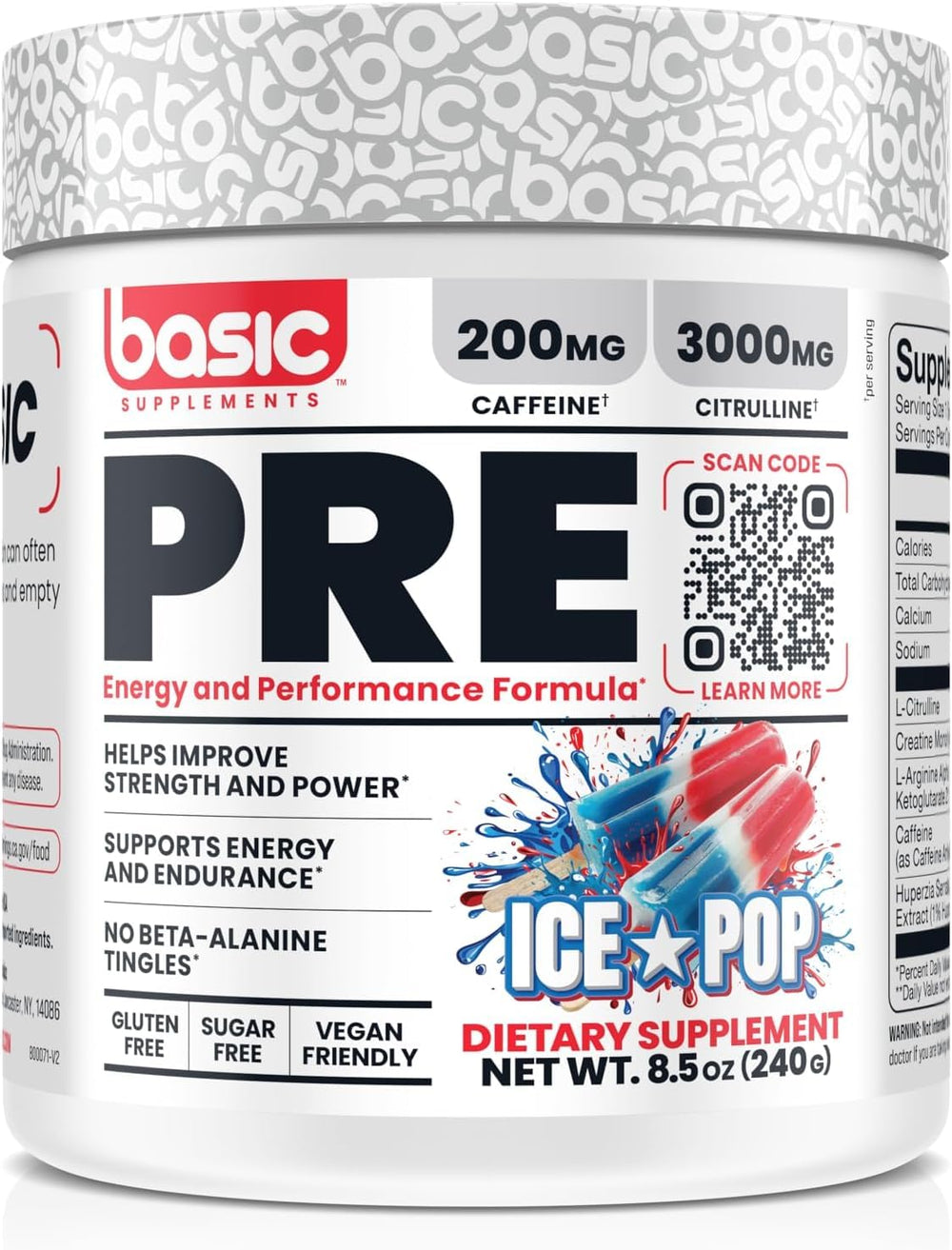 Basic Pre-Workout bottle-front by BASIC SUPPLEMENTS highlights energy and focus for workouts.