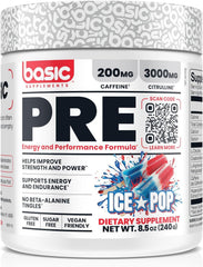 Basic Pre-Workout bottle-front by BASIC SUPPLEMENTS highlights energy and focus for workouts.