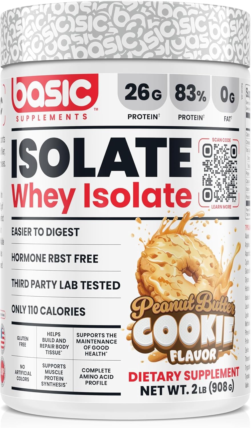 Basic Supplements Basic Whey Isolate peanut butter cookie tub close-up highlights protein-packed formula.