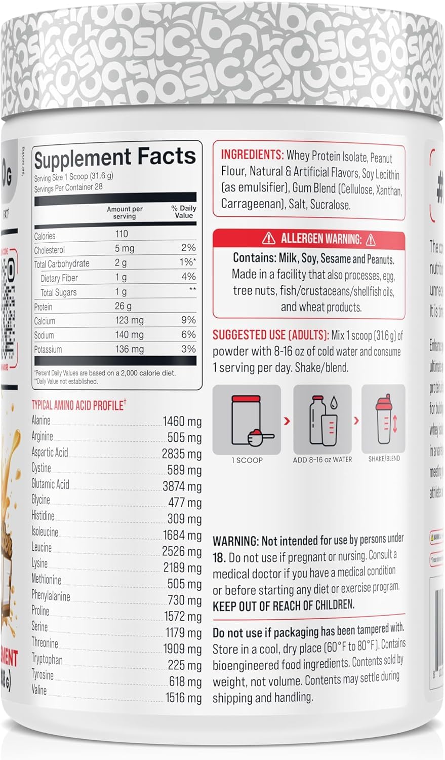 Basic Supplements Basic Whey Isolate serving scoop shows rapid absorption for easy mixing.