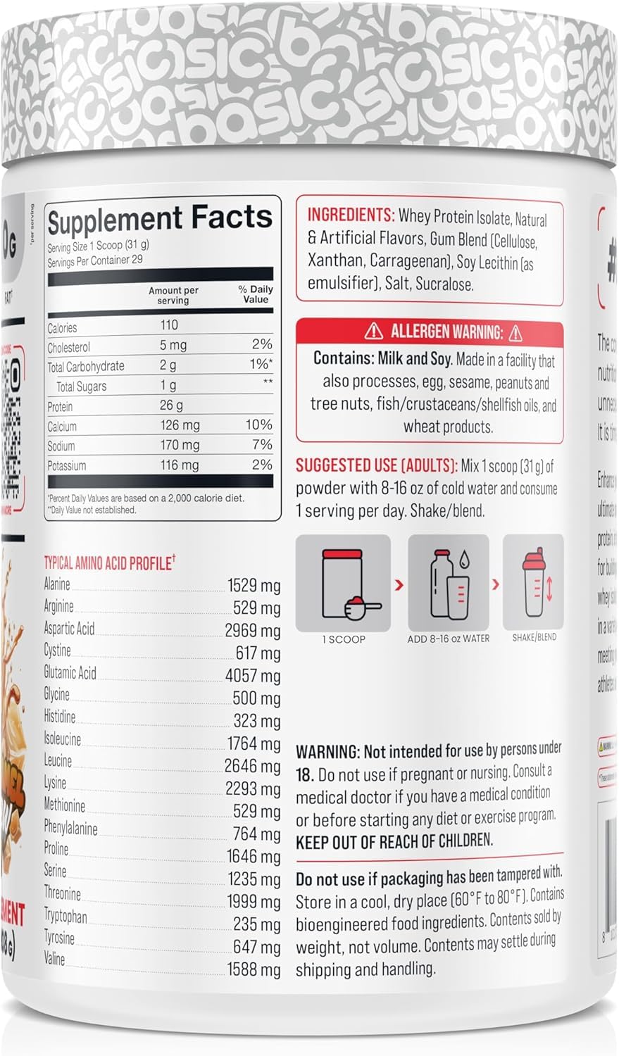 Scoop of Basic Supplements whey protein isolate with 26g protein per serving.