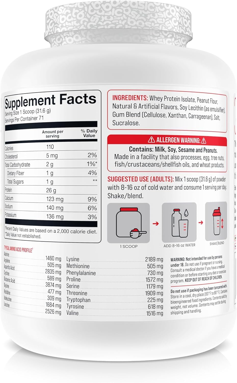 BASIC SUPPLEMENTS scoop with 26g protein for precise portioning and mixing