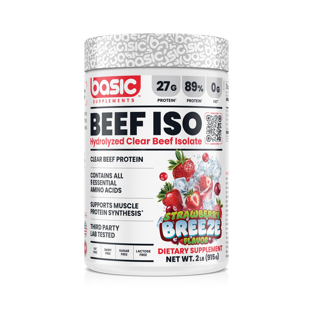 Basic Supplements hydrolyzed beef isolate powder pour for fast, dairy-free protein
