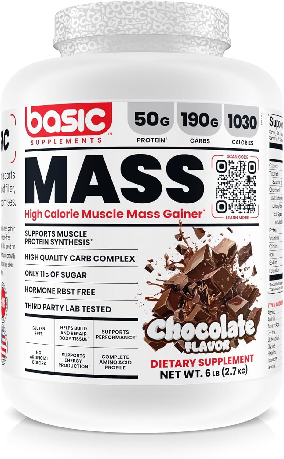 Basic Supplements Mass Gainer bottle close-up highlighting 1030 calories per serving for bulking.