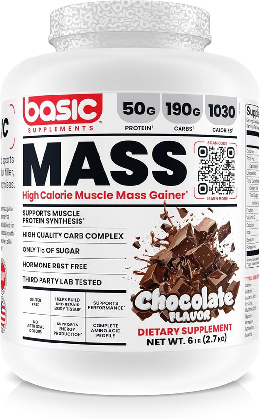 Basic Supplements Mass Gainer bottle close-up highlighting 1030 calories per serving for bulking.
