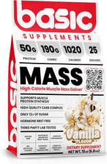 Basic Supplements Mass Gainer bottle pour shows convenient protein and calorie support.