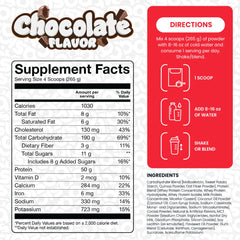 Basic Supplements Mass Gainer label close-up emphasizing 50g protein and 190g carbs.